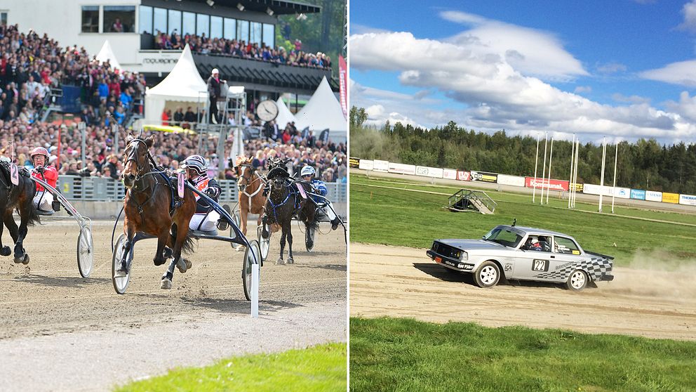 hästar i travlopp, rallybil kör på travbana