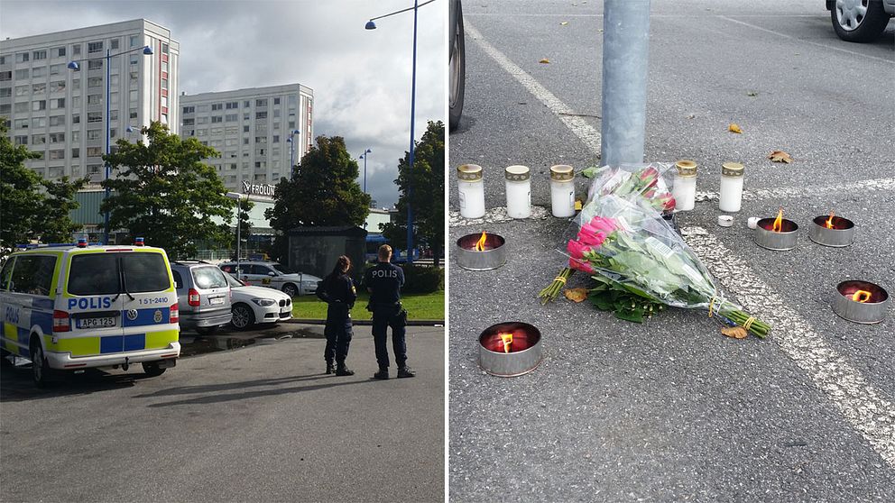 Poliser vid Frölunda torg och blommor.