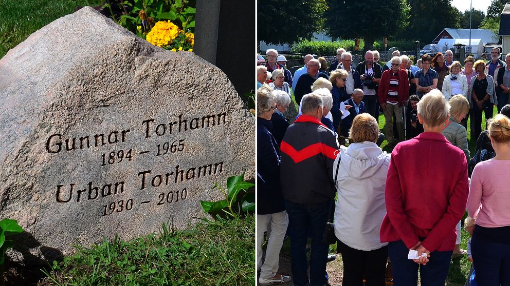 Minnesstenen och människor samlade runt graven för att vara med vid ceremonin.