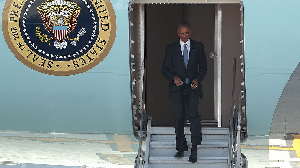 President Barack Obama när han landade på flygplatsen i Hangzhou.