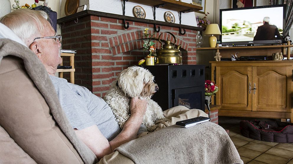 äldre man ser tv med hund