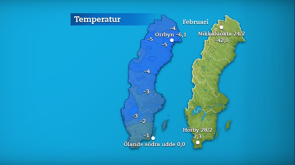 Till vänster månadens medeltemperatur jämfört med referensperioden 1961-1990 (och de stationer som fick störst/minst över/underskott). Till höger månadens högsta och lägsta temperatur.