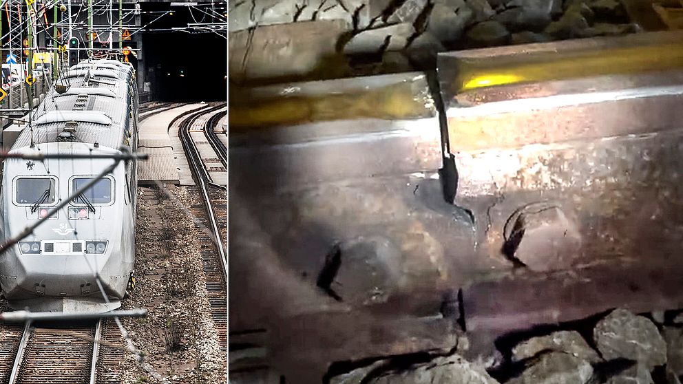 Inne i tunneln, i den så kallade getingmidjan söder om Stockholm, som är sveriges mest trafikerade tågsträcka upptäcke banteknikerna att rälsen spruckit och helt gått av.