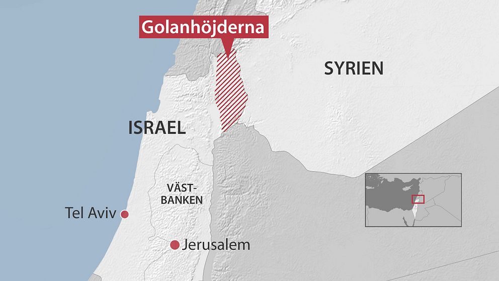 Rödmarkerade området visar Golanhöjderna.