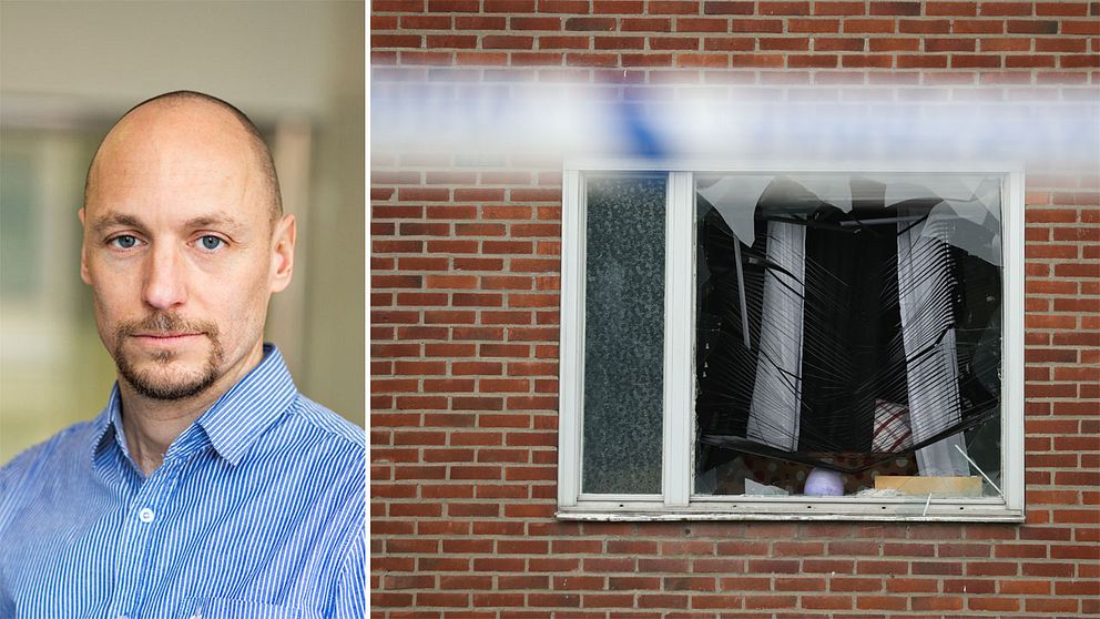 Daniel Vesterhav, kriminolog på Brå, och den lägenhet där explosionen skedde i Biskopsgården.