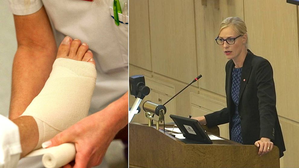 Bandagerad fot och det socialdemokratiska oppositionslandstingsrådet Erika Ullberg.