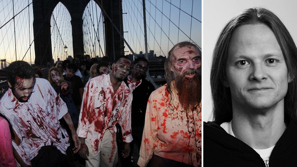 Till vänster: skådespelare klädda till zombies i New York i samband med premiären av tv-serien ”The Walkning Dead”. Till höger: zombieöverlevnadsexperten Herman Geijer.