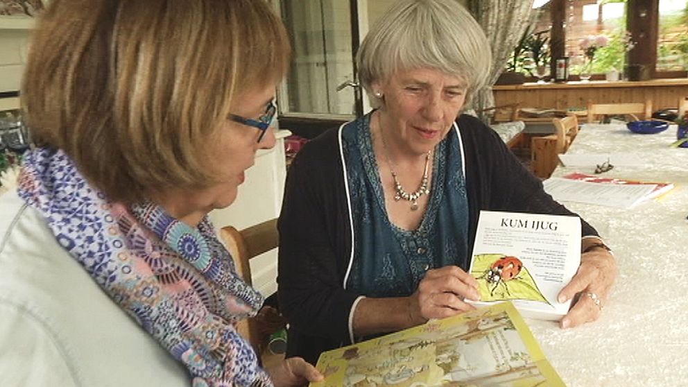 två äldre kvinnor tittar i barnböcker