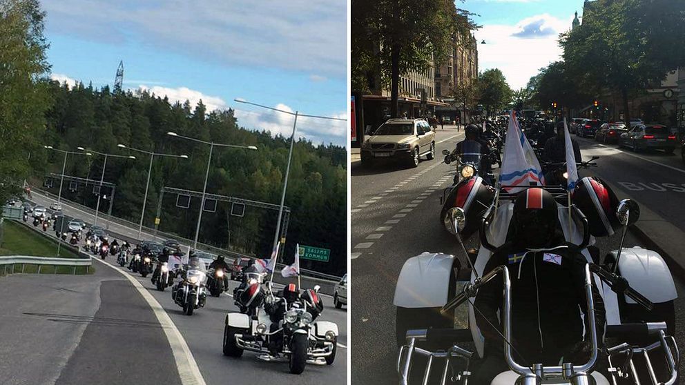 Ett 50-tal motorcyklar på motorvägen.