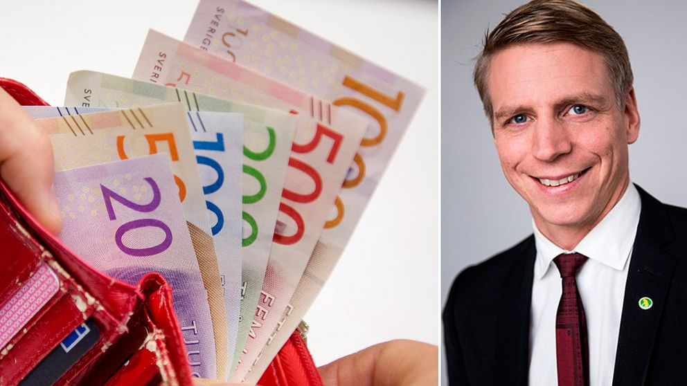 Bild på sedlar samt i en plånbok samt bild på Finansmarknads- och konsumentminister Per Bolund.