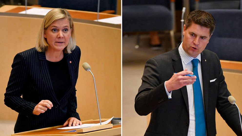 Finansministern Magdalena Andersson och Sverigedemokraternas Oscar Sjöstedt.