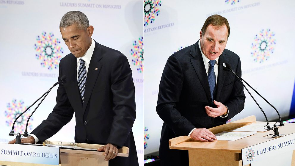 Barack Obama och Stefan Löfven vid flyktingtoppmötet i New York som inleddes sent på tisdagskvällen, svensk tid.
