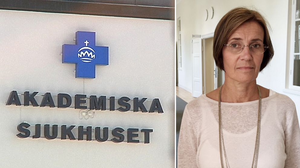 Till vänster fasaden på Akademiska sjukhuset med sjukhusets logotyp. Till höger porträttbild på sammanbiten Eva Anderling, projektledare för Framtidens Akademiska.