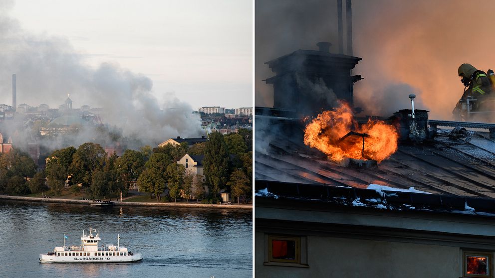 Vy över Stockholm och brandmän på taket