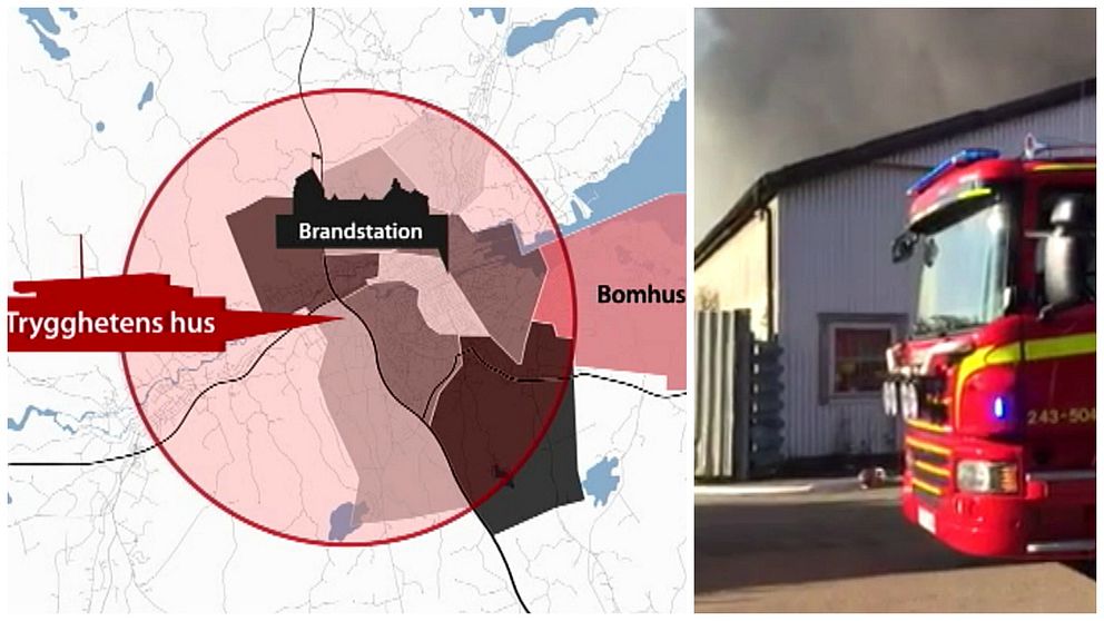 Ett kollage som visar var Bomhus ligger och en bils på en brandbil.