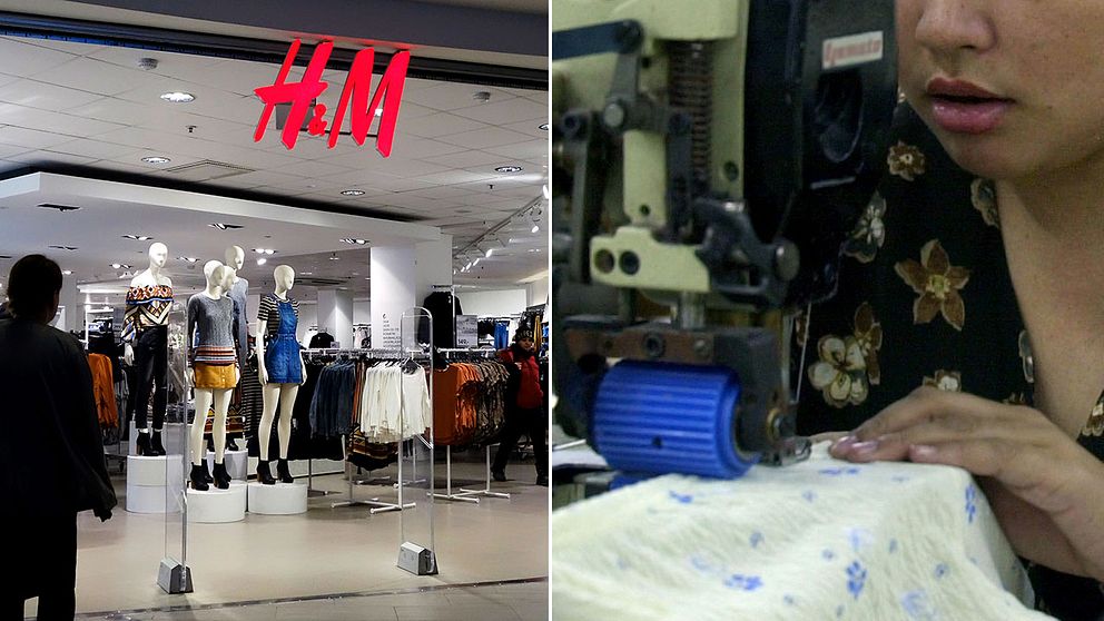 En bild på en H&M-butik och en bild på en textilarbetare