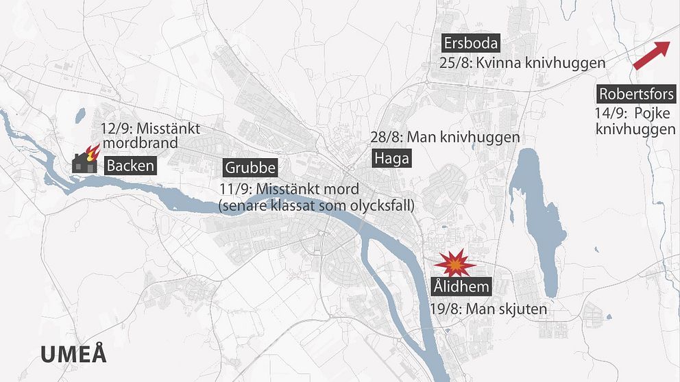 karta över våldsbrott i Umeå och Robertsfors.