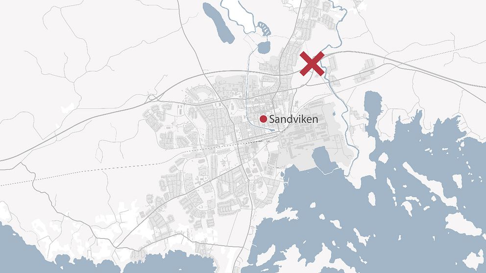 En karta över Sandviken. Olycksplatsen är markerat med ett kryss.