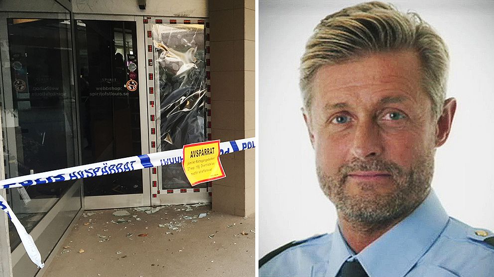 Polisen har spärrat av butiken i Skövde där tjuvarna stal kläder. Christer Fuxborg.