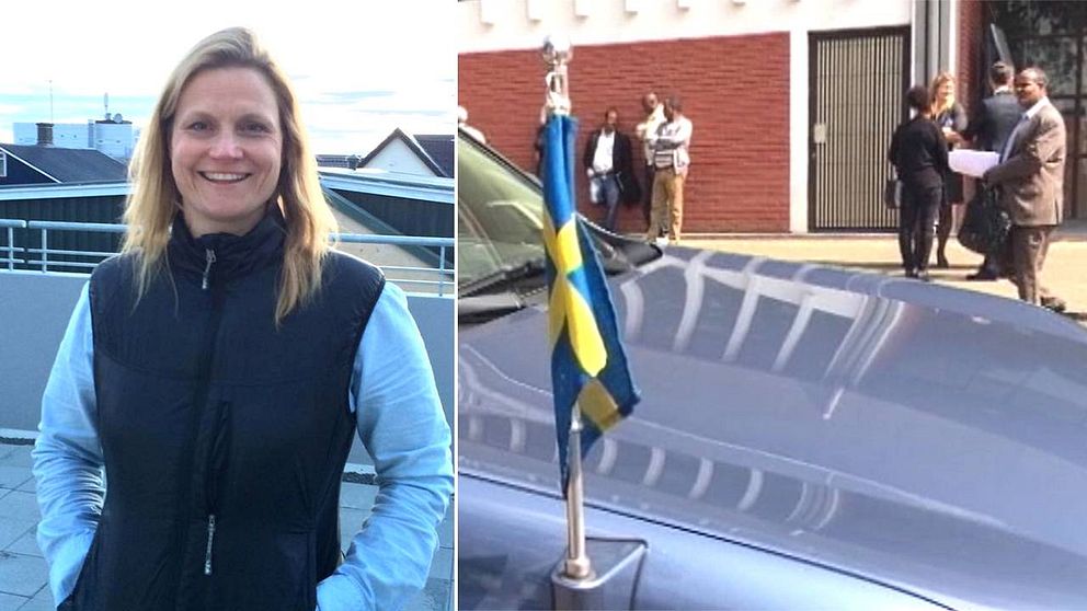 bild på en kvinna som ler, bild med en bilhuv med svensk flagga fäst på i förgrunden, några personer i bakgrunden