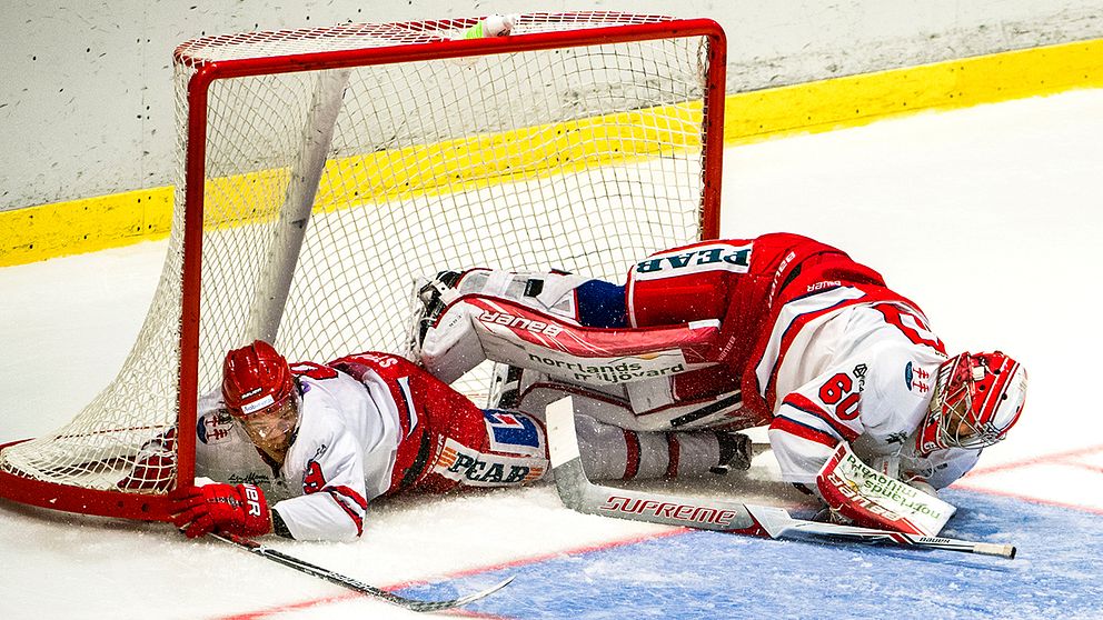 hockeybild: spelare och målvakt ligger på isen i målet
