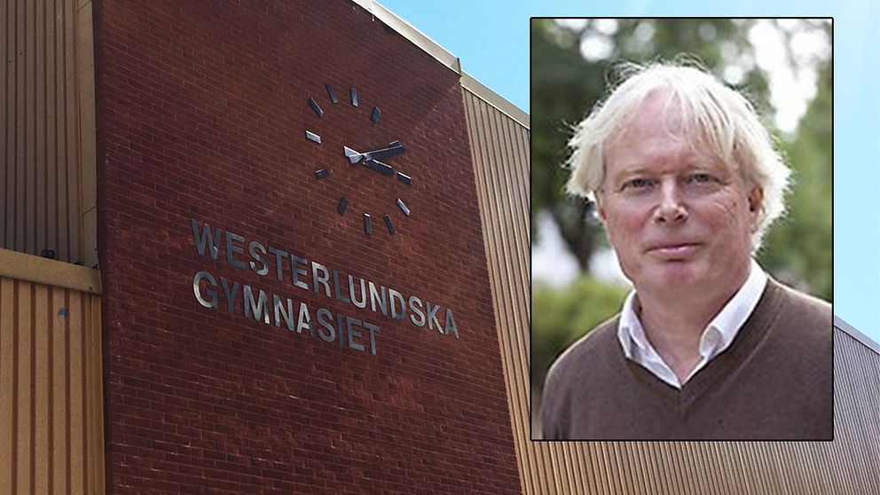 montage, Westerlundska Gymnasiet i Enköping och ett porträtt på skolans rektor Kenny Andersson.