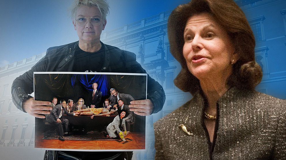 Drottning Silvia anmäler flera tidningar för att ha publicerat konstnären Elisabeth Ohlson Wallins satirbild. OBS! Bilden är ett montage.