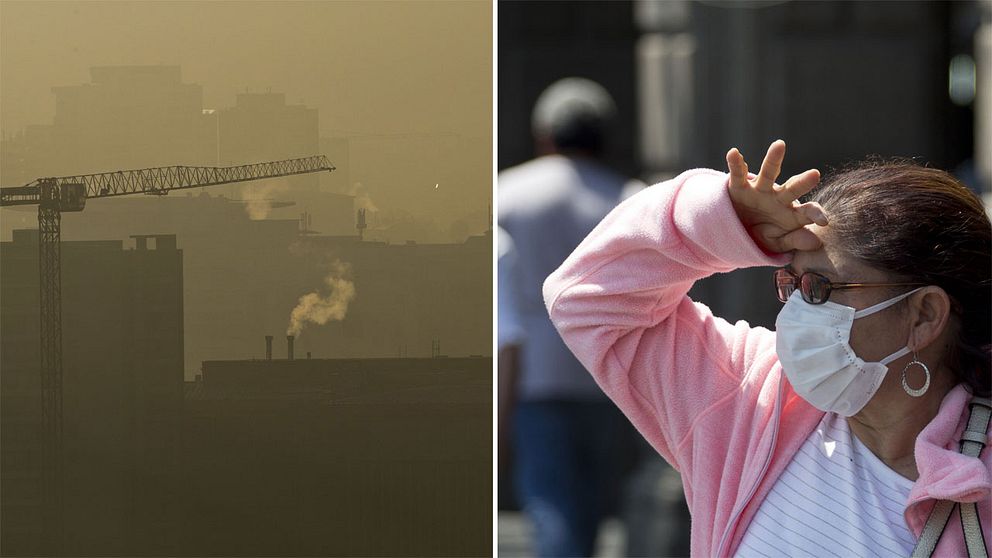 Föroreningar och en kvinna med munskydd.