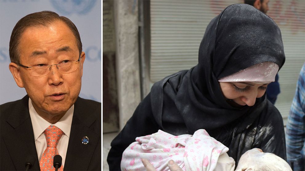 Ban Ki Moon och en syrisk kvinna med sitt barn som grävts fram ut rasmassorna i Aleppo.