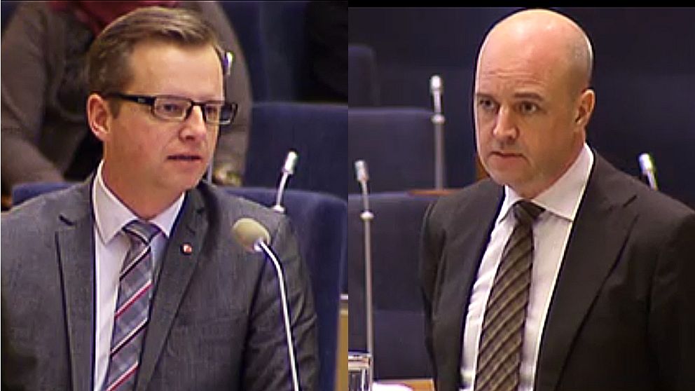 Mikael Damberg och Fredrik Reinfeldt vid riksdagens frågestund.