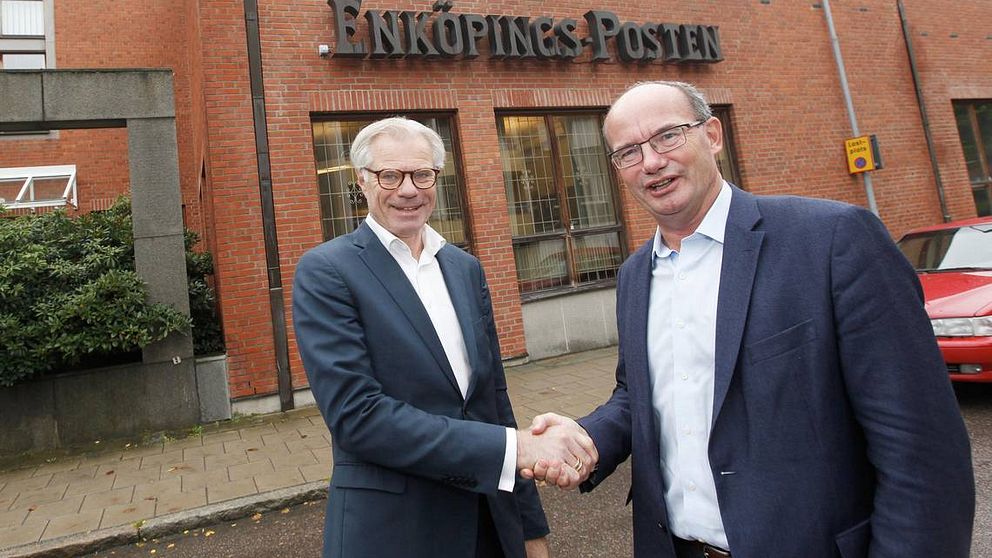 Köpet av Enköpingsposten presenterades idag, till vänster Lennart Foss koncernchef på NTM. Till höger Mats Muregård vd för NWT-Koncernen