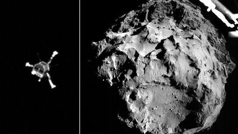 Rymdsonden Rosetta och en bild på kometen 67P Tjurjumov-Gerasimenko.