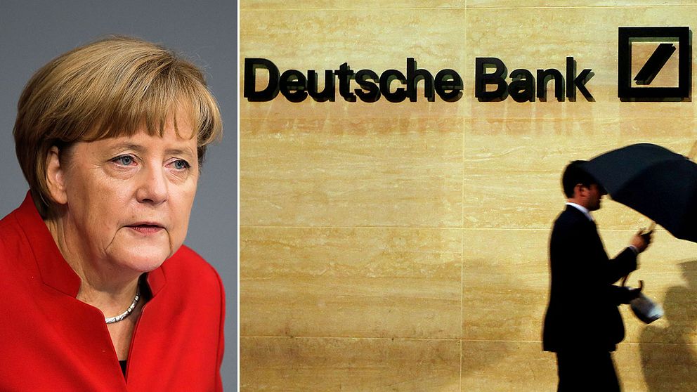 Angela Merkel och en bild på Deutsche Banks kontor i London