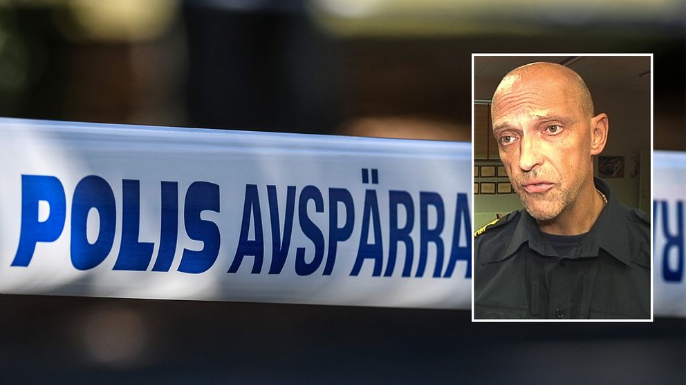 Montage, polisens avspärrningsband med en bild på Jale Poljarevius, chef för lokalpolisområdet Uppsala Knivsta.