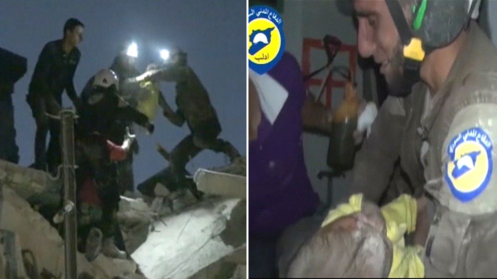 Räddningsarbetare lyckas hitta en fyra veckor gammal flicka i rasmassorna efter ett bombanfall i staden Idlib.