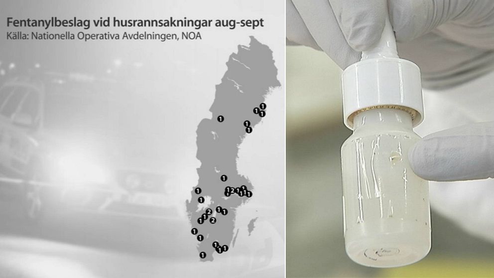 Karta över fentanylbeslag vid husrannsakningar aug-sept.