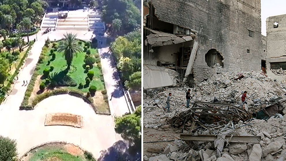 Bilden till vänster är turistministeriets bild från västra Aleppo. Den högra visar verkligheten i det sönderbombade östra Aleppo.