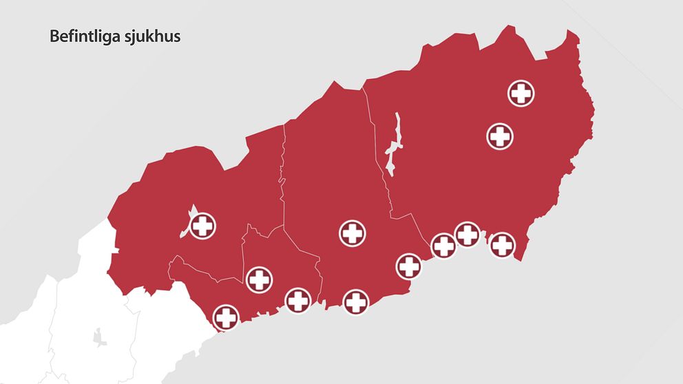 Karta över de fyra nordligaste länen med befintliga sjukhus markerade