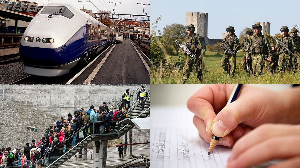 Snabbtåg, soldater på Gotland, flyktingar på Hyllie station samt en elev som skriver.
