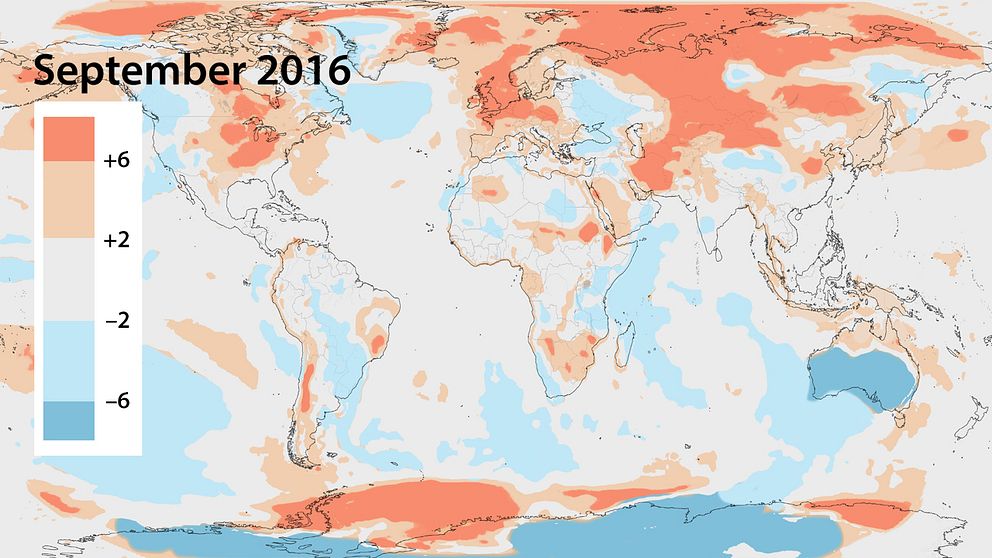 Globaltemperaturens avvikelse för september 2016 jämfört med september 1981–2010. Källa: ECMWF Copernicus Climate Change Service.