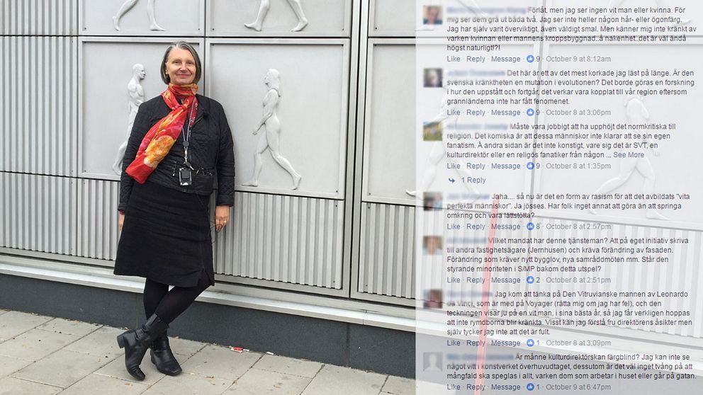 Anna Söderbäck står lutad mot väggpaneler föreställande nakna männniskokroppar i profil. Inklippt i bild finns olika kommentarer från facebook.