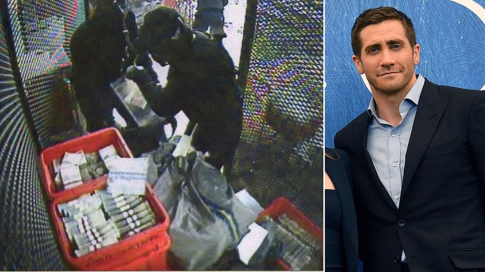 En bild från G4S övervakningskamera under rånet 2009. Till höger skådespelaren Jake Gyllenhaal.