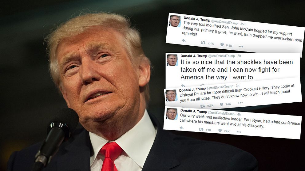 Trump twittrade ilskna kommentarer till att hans republikanska partikollegor dragit tillbaka stödet för presidentkandidaten.