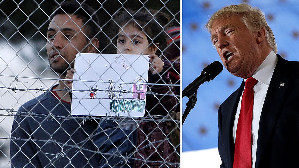 Republikanernas presidentkandidat Donald Trump och en man och ett barn som står bakom ett stängsel i Grekland efter att ha nekats att komma in i Makedonien.