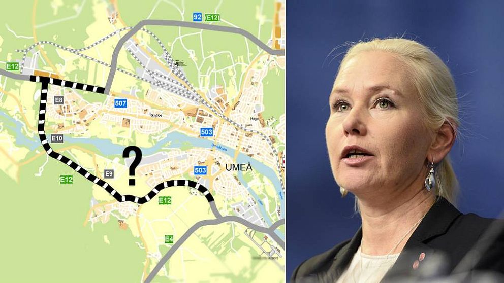 Infrastrukturminister Anna Johansson och kartbild på planerna för Västra länken