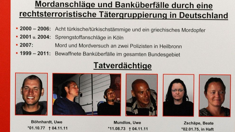 Polisens efterlysning av medlemmarna i nazistgruppen NSU. Uwe Böhnhardts porträtt är längst till vänster. Arkivbild.
