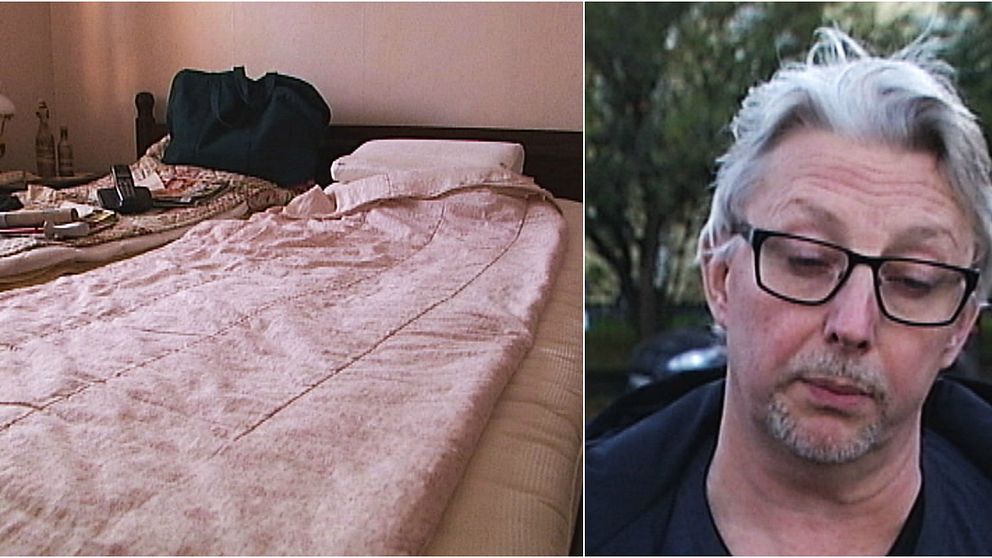 En säng och en gråhårig man