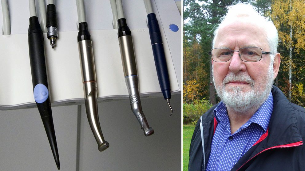 Fotomontage. Tandläkarinstrument på vänster sida och ett porträtt på Åke Landén på höger sida.