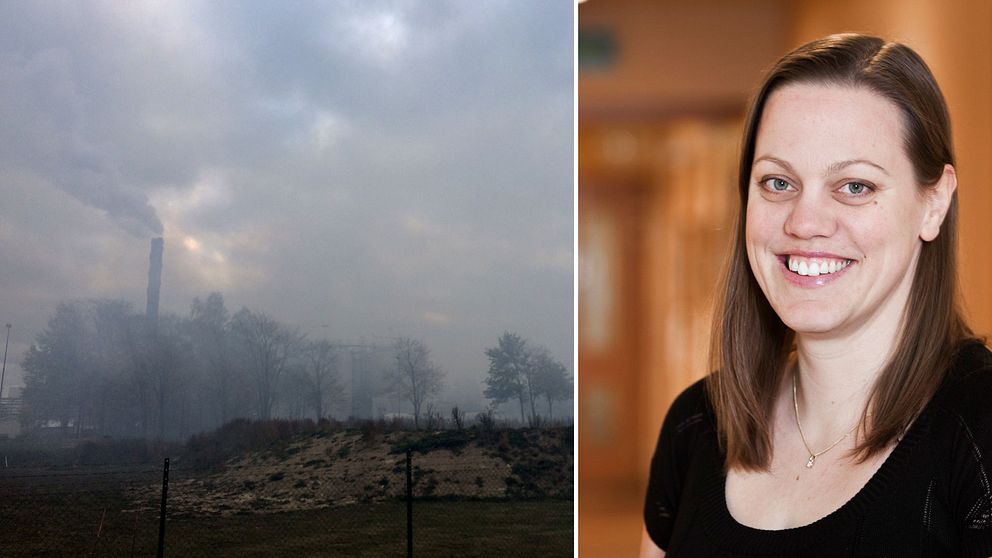 Bild på branden i Ekokems anläggning samt miljöansvariga Hanna Eriksen.