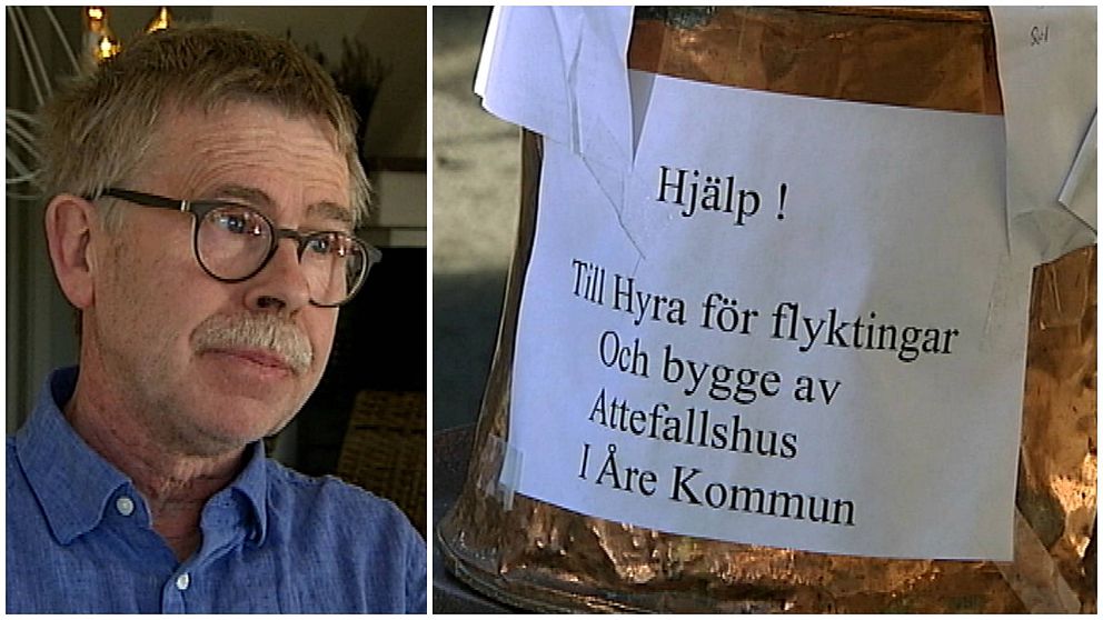 Man med glasögon och bild på en insamlingsbössa med texten ”Hjälp! Till hyra för flyktingar och bygge av Attefallshus i Åre kommun”